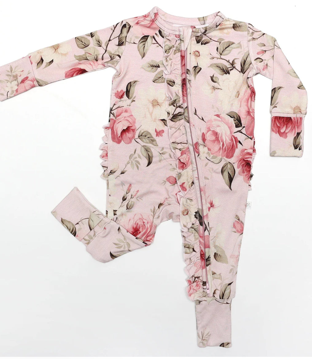 Bamboo Ruffle Zippy Romper- English Rose